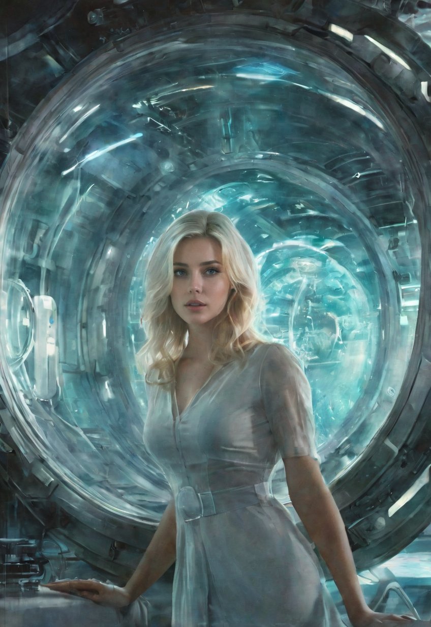 a beautiful, slender, blonde, 26-year-old British woman is abducted by a giant UFO and stands in a coma inside a transparent cylinder inside the ship (mechanical, eerie interior) with aliens watching her, atmosphere, cinematography, photography, pencil, watercolor, bright, rich colors, Gabriele Dello, Charles Victor Tillion, Karl Eugen Kiel, Carl Lundgren, pencil drawing