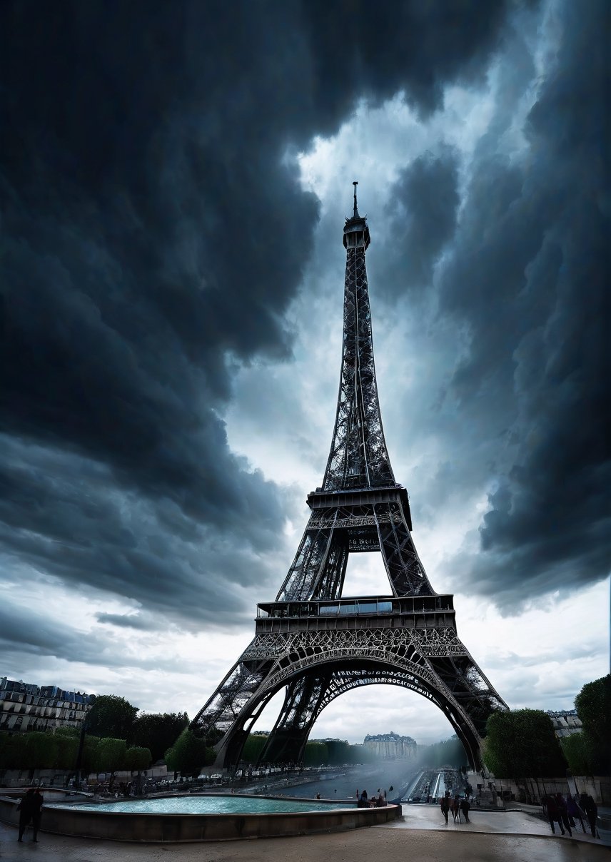 Panoramic view, France, Eiffel Tower, eerie sky, dramatic angle, realistic and detailed action movie style, surreal, masterpiece,