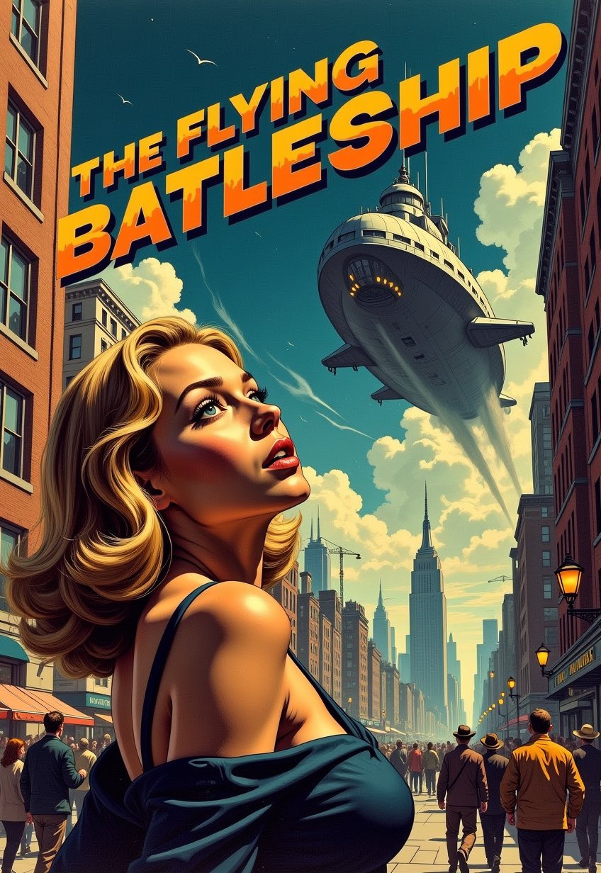   Old, Vintage: 1.2), (SF movie poster: 1.3), ((big title, THE FLYING BATTLESHIP, subtitles: 1.3)), (a beautiful blonde woman, looks up at the sky in amazement, as she is shocked by a huge spaceship that looks like a battleship that appears in the sky: 1.2), New York, over Manhattan, the people are panicking, (eerie, shadow, gloomy, dark atmosphere: 1.1)