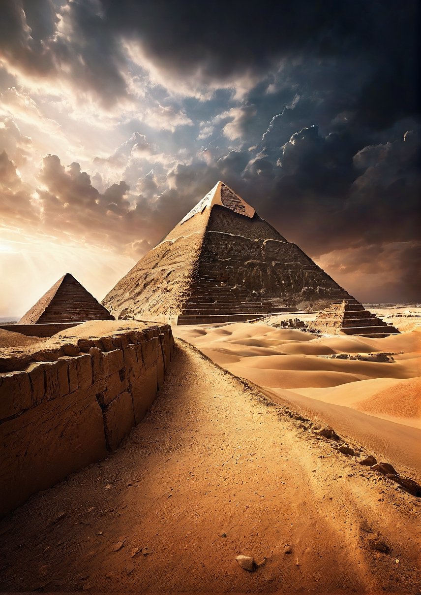 Panoramic view, Egypt, pyramids, eerie sky, dramatic angle, realistic and detailed action movie style, surreal, masterpiece,