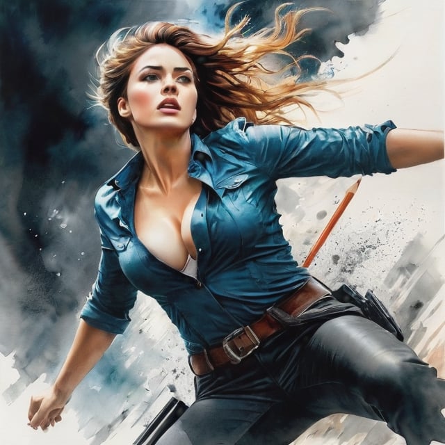 Complex action film, very beautiful woman, view from bottom to top, dramatic movement, atmosphere, cinematography, photography, pencil, watercolor, bright and rich colors, Gabriele Delotto, Charles Victor Thirion, Karl Eugen ・Kiel, Karl Lundgren, pencil drawing