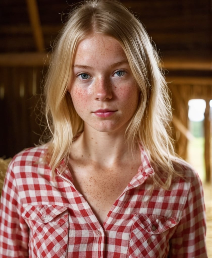 Cute young blonde woman, barn full of straw, slightly freckled, looking at viewer, red checked shirt, open chest to show naked chest, warm lighting,