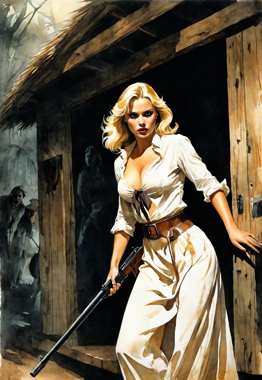 Complex horror movie, (a beautiful blonde woman, escapes from a captive hut with several other women to confront the perpetrator with a gun: 1.2), full body angle, (Creepy, Shadow, Gloomy, Dark Atmosphere: 1.1) photography, pencil, watercolor, bright and rich colors, Gabriele Dello, Charles Victor Tillion, Karl Eugen Kiel, Carl Lundgren, pencil drawing, ((Close-up angle))