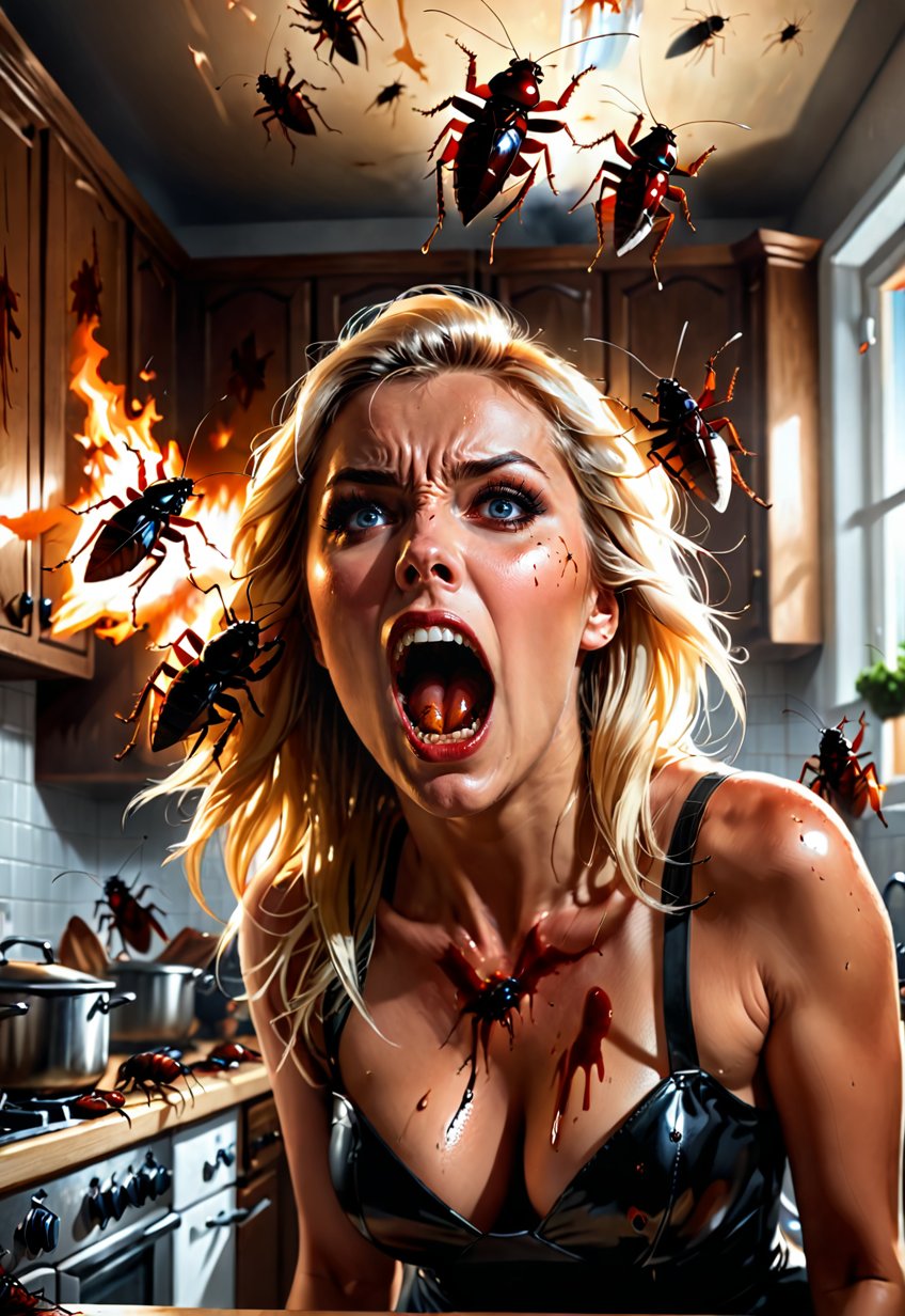 Countless cockroaches attack a beautiful blonde American woman, she screams in fear, dramatic angle and pose, perfect female anatomy, realistic and detailed, horror movie poster style, surreal, kitchen room, masterpiece,