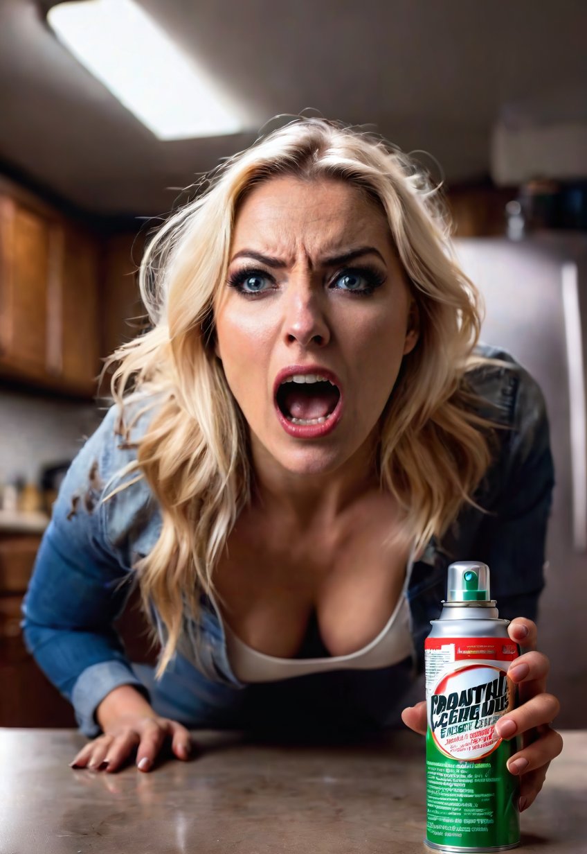 many Cockroaches attack a beautiful blonde American woman, she screams in fear as she holds up a can of insecticide spray, dramatic angle and pose, perfect female anatomy, realistic and detailed, horror movie poster style, surreal, kitchen room, masterpiece,