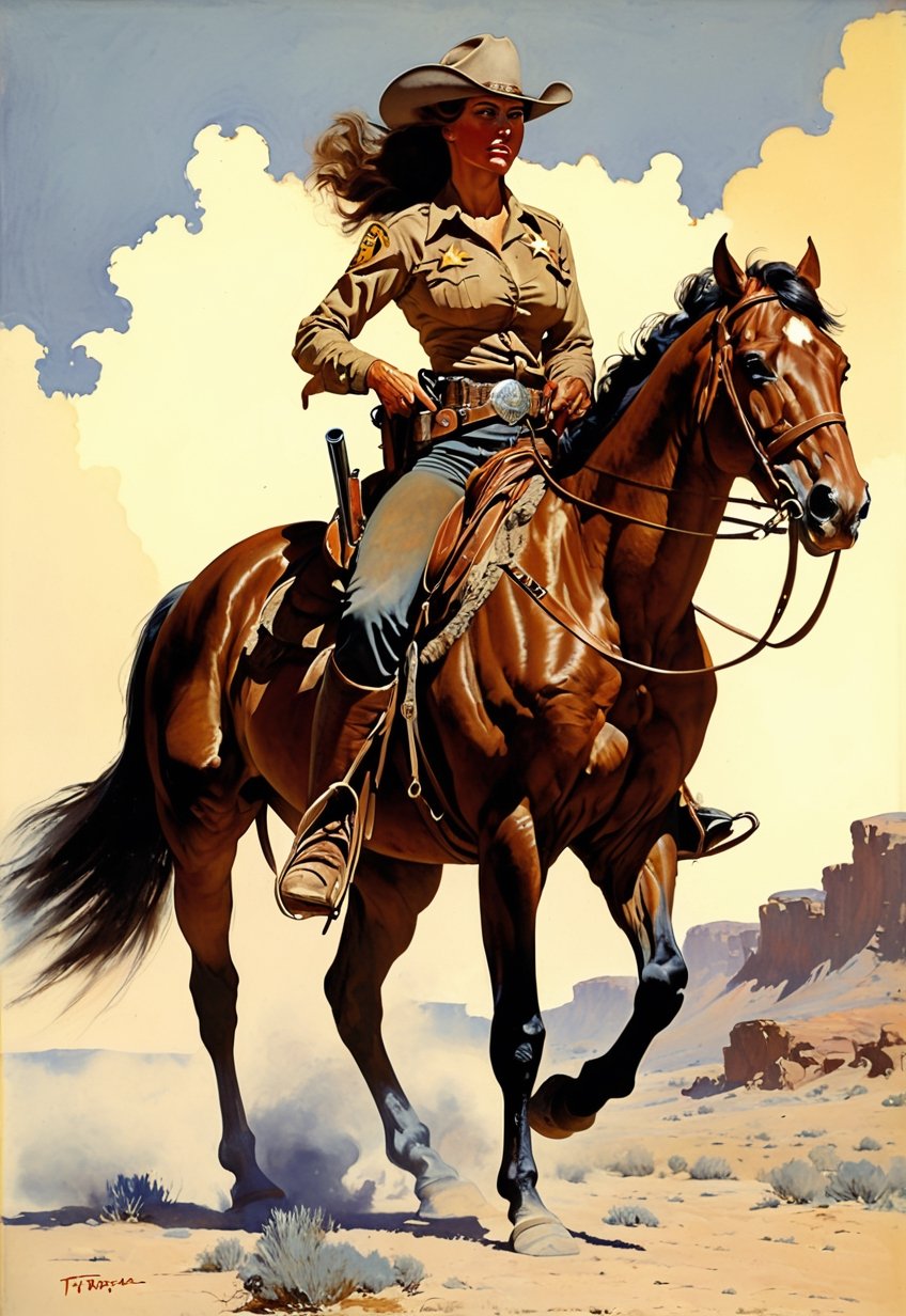 war horse, western, sheriff gun-woman, manner of frazetta