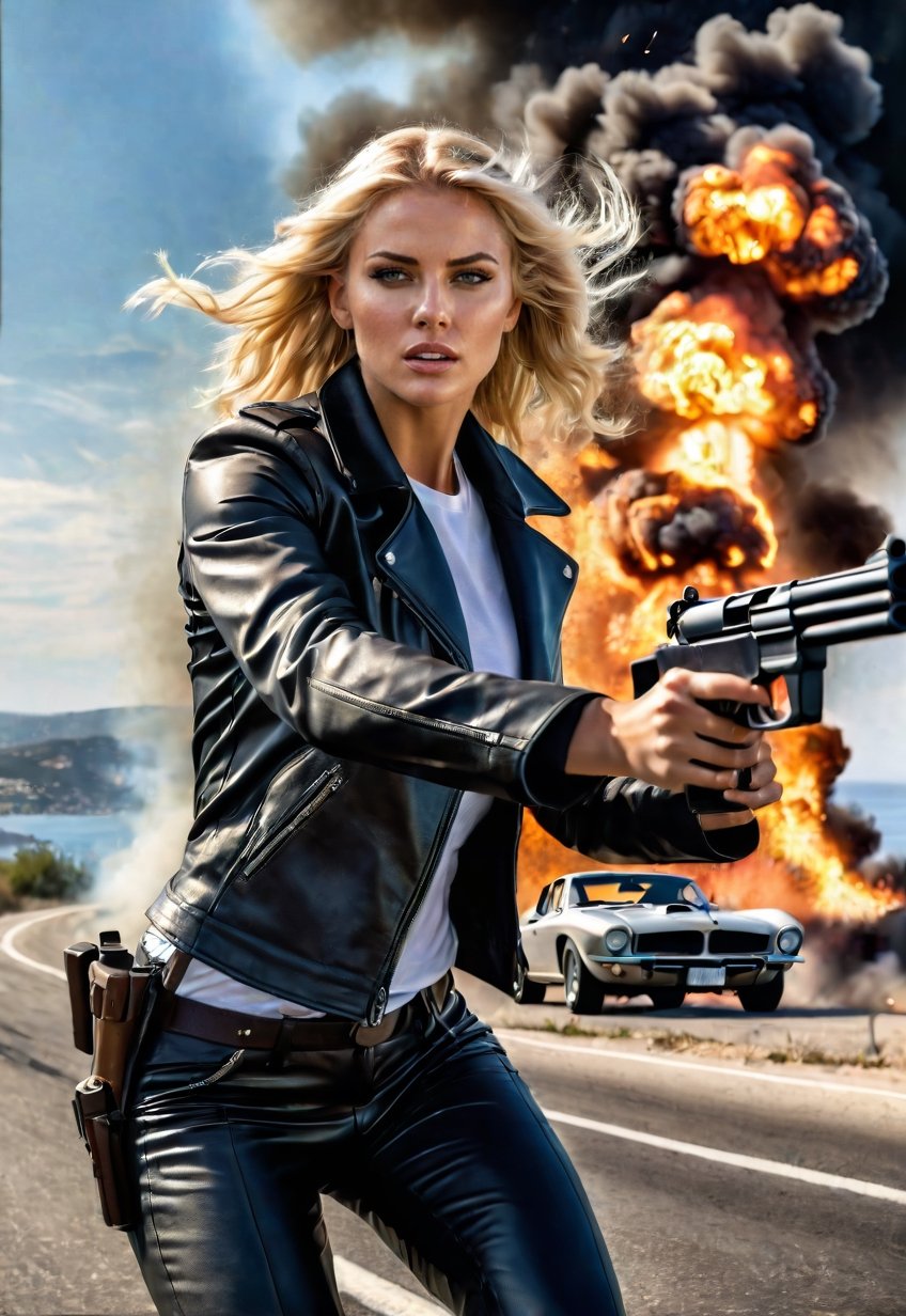 running a beautiful american blonde woman, a hand in a machine-gun, dramatic angles, realistic and detailed action movie style, Italian coast roads, sports-Car crashes, explodes and bursts into flames on the road, eerie skies, surreal, masterpieces,