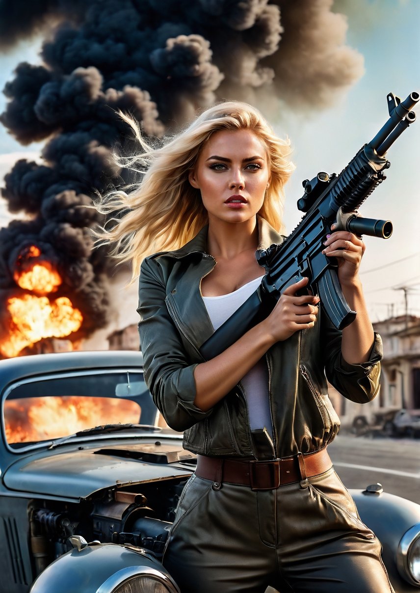 standing a beautiful american blonde woman, a hand in a machine-gun, dramatic angles, realistic and detailed action movie style, Italian coast roads, Car exploding on the road, eerie skies, surreal, masterpieces,