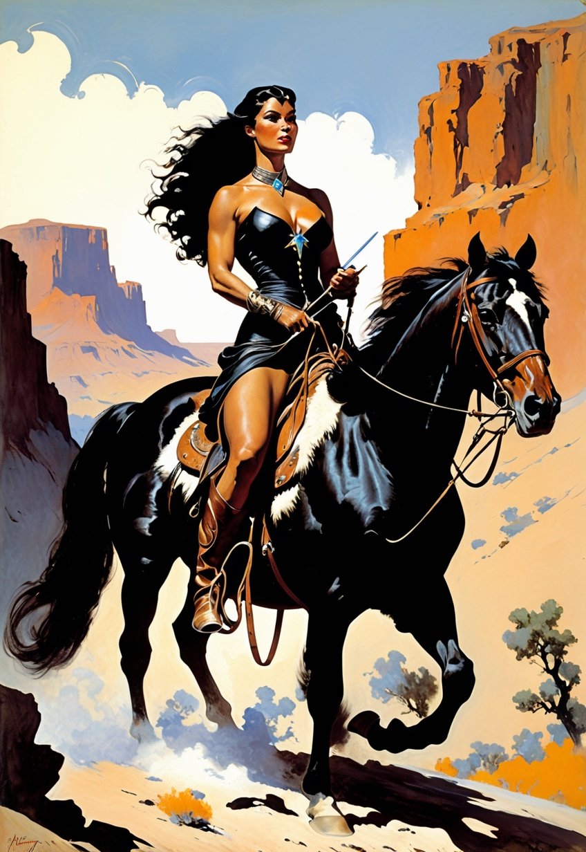 horse, ride a western black dress lady, manner of frazetta