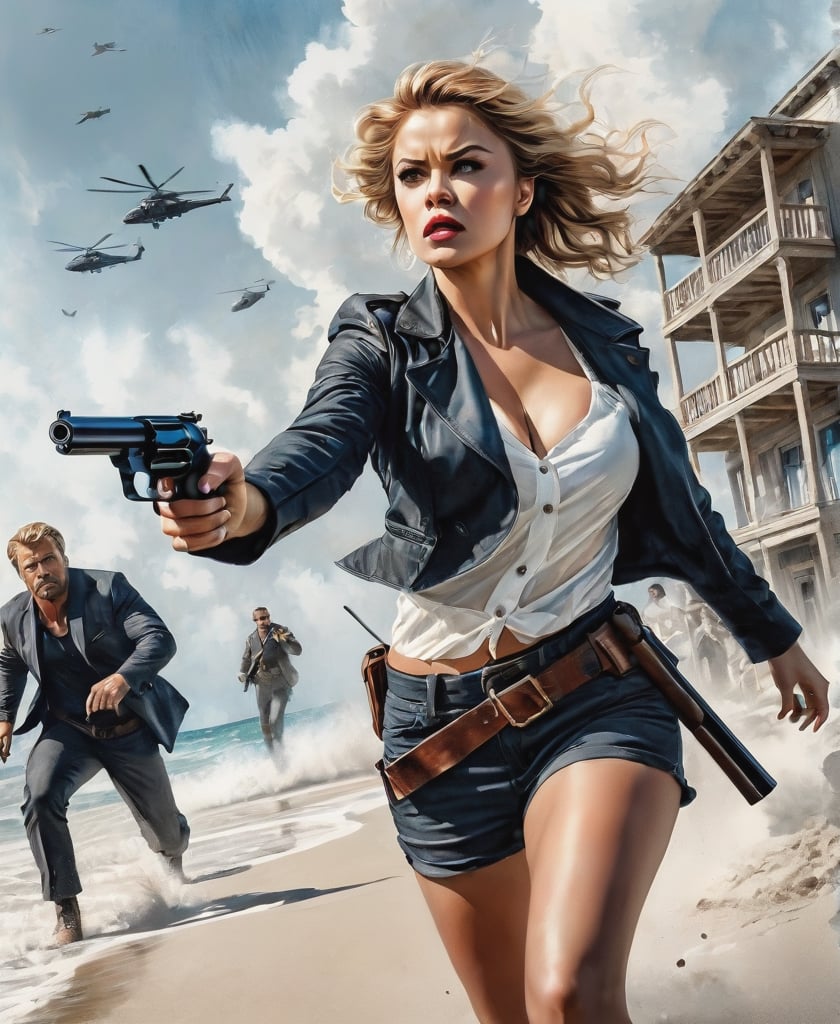 A complex action movie, a very beautiful American woman, a view from the bottom up, dramatic movements, gunfights with gangsters on the beach, atmosphere, cinematography, photography, pencil, watercolor, bright and rich colors, Gabriele Delotto, Charles Victor Tyrion, Karl Eugen Kiel, Karl Lundgren, pencil drawing