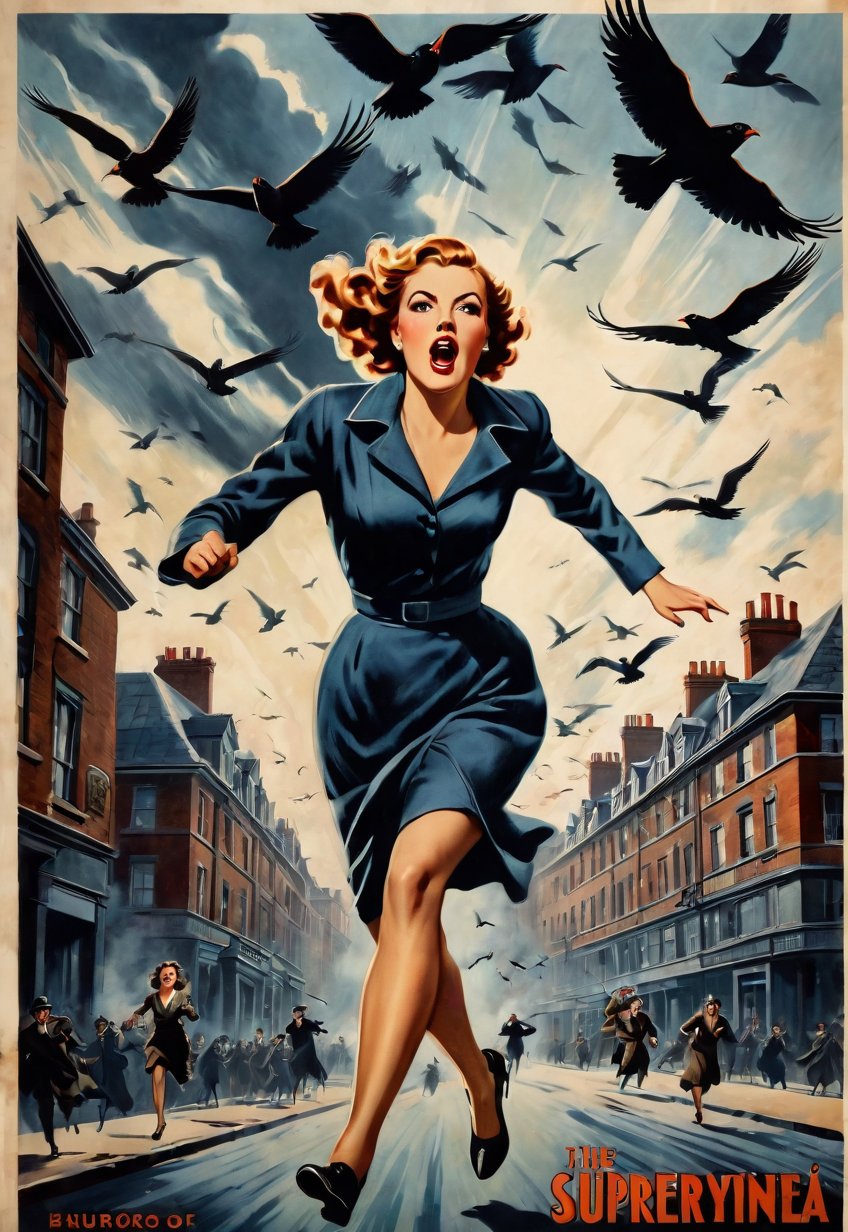 1930s, beautiful British woman running, screaming in fear, dramatic angle and pose, realistic and detailed, flock of birds flying in the spooky sky, retro horror movie poster style, ultra realistic, people fleeing on the city, masterpiece,