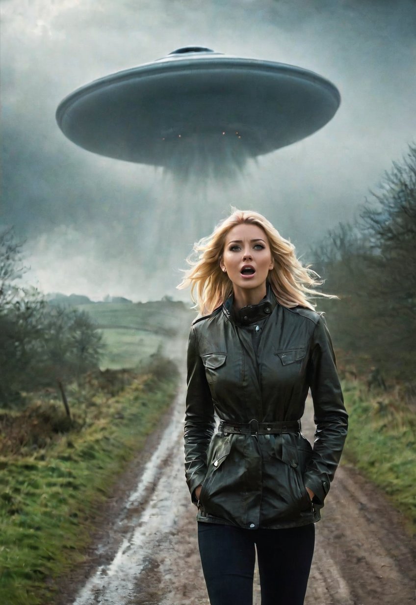 a beautiful, slender, blonde, 26 year old British woman encounters a giant UFO and screams in terror, eyes wide open. ((spooky, misty English country road, waist-high close-up of a frightened, frantic screaming woman in the foreground at the bottom of the frame, a large UFO looming over her in the sky in the background.), atmosphere, cinematography, photography, pencil, watercolor, bright, rich colors, Gabriele Dello, Charles Victor Tillion, Karl Eugen Kiel, Carl Lundgren, pencil drawing,MoviePosterAF