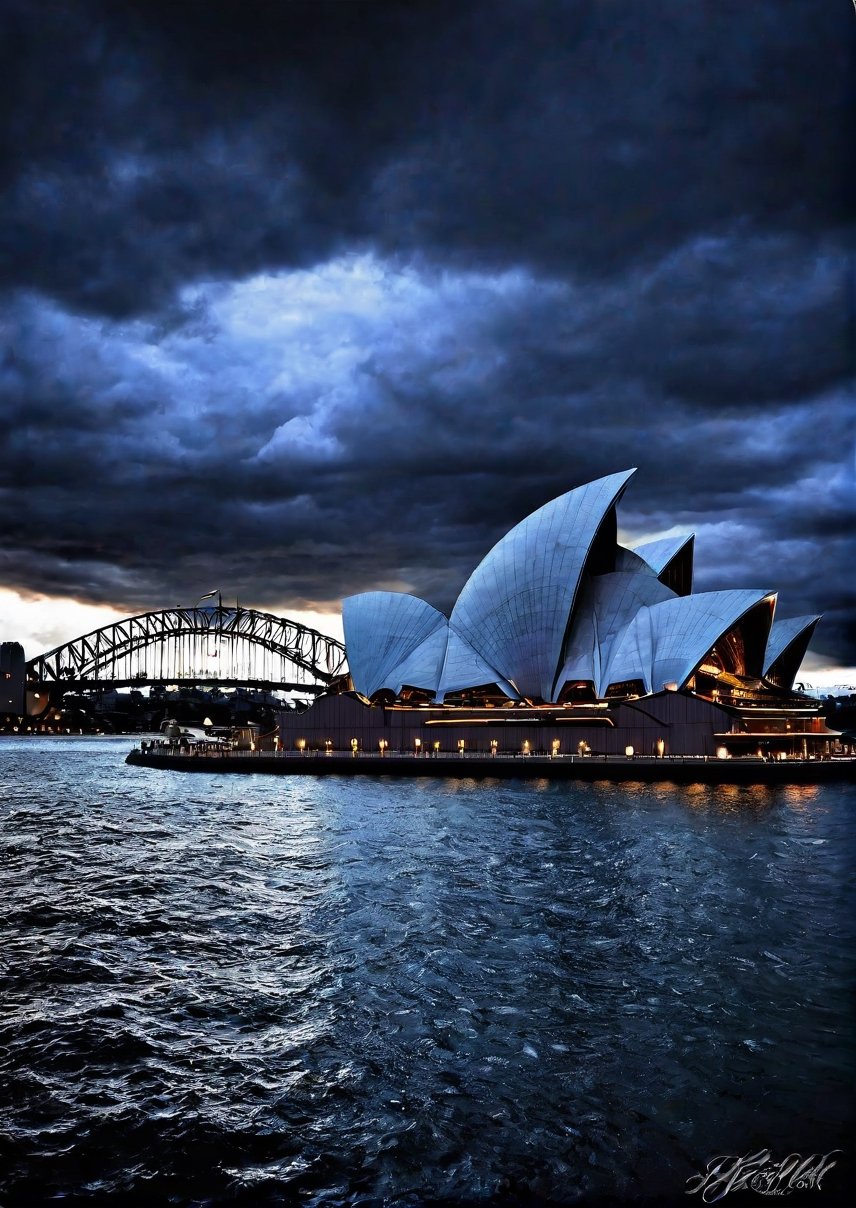 Landscapes, around the Australian Opera House, eerie skies, dramatic angles, realistic and detailed action movie style, surreal, masterpieces,