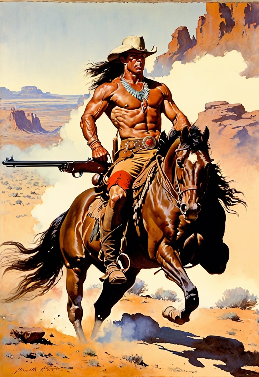 war horse, western, gun-man vs indian, manner of frazetta