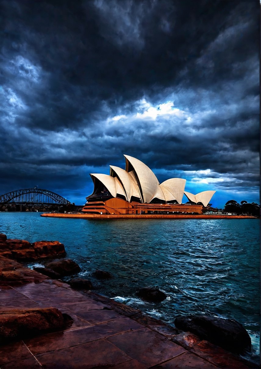 Landscapes, around the Australian Opera House, eerie skies, dramatic angles, realistic and detailed action movie style, surreal, masterpieces,