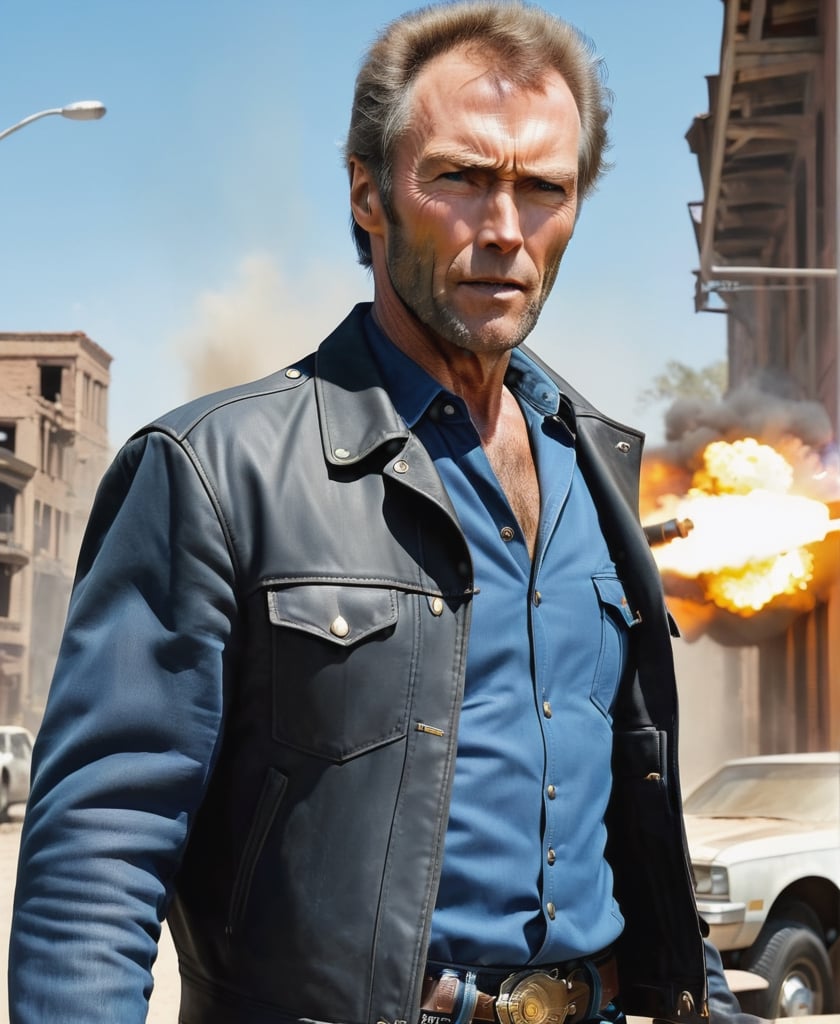 man in their 30s, Clint Eastwood, detailed faces, muscular body, black rider jacket, jeans, shotguns that fired with blue shirts, American roads, gangs, enemies are great explosions, masterpieces Ends the headquarters of the resolution. Horror movie style, dramatic angle, art inspired by Gregatokovsky, the headquarters of the most advanced trend art station headquarters. Smooth art bacteria focusing on things