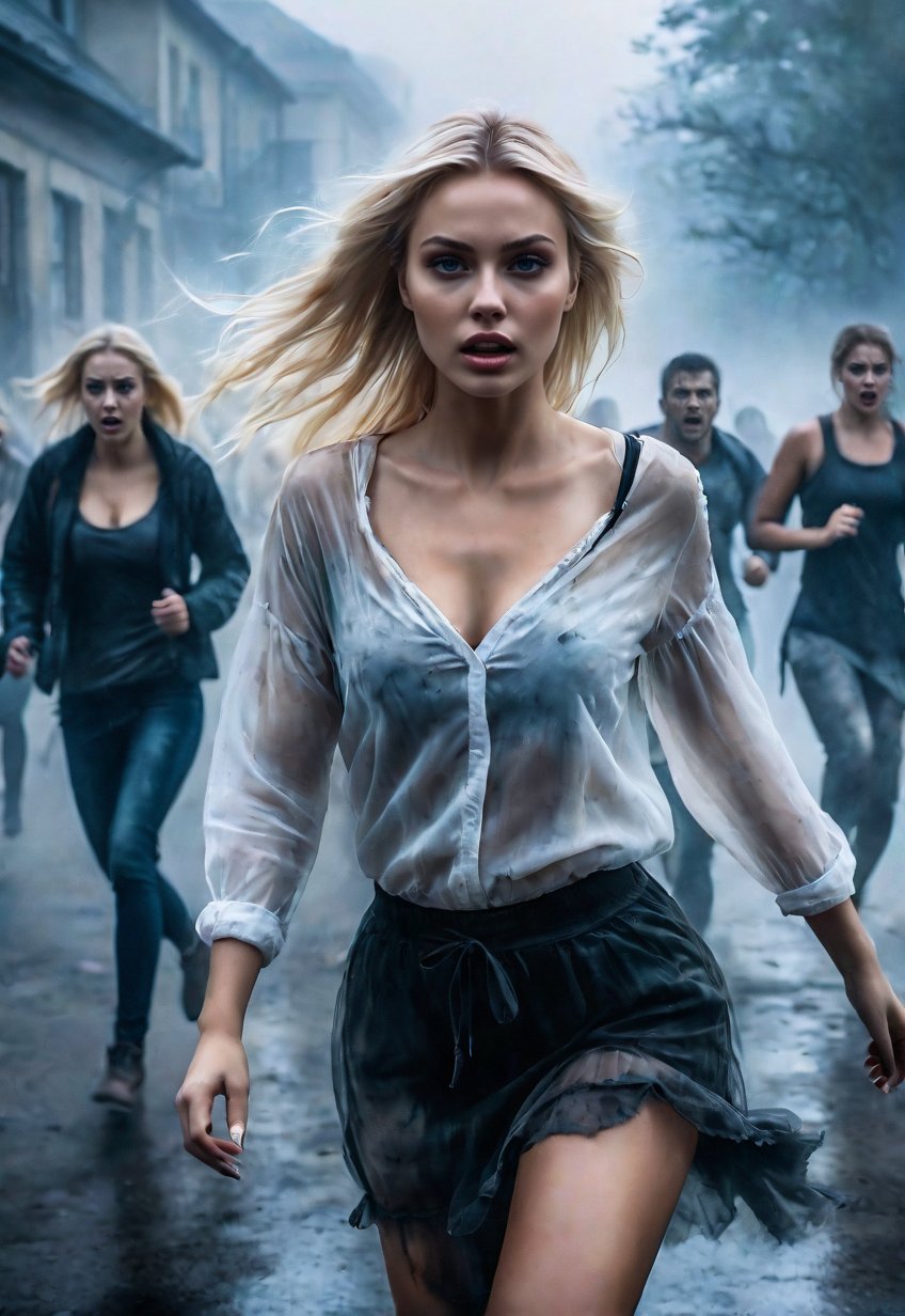 Complex horror movie, beautiful Ukrainian blonde woman is attacked by a creepy zombies from the fog in the middle of the night, running in fear, dramatic movement, very deep foggy street corner, atmosphere, cinematography, photography, pencil, watercolor, bright and rich colors, Gabriele Dello, Charles Victor Tillion, Karl Eugen Kiel, Carl Lundgren, pencil drawing, ((Close-up angle))