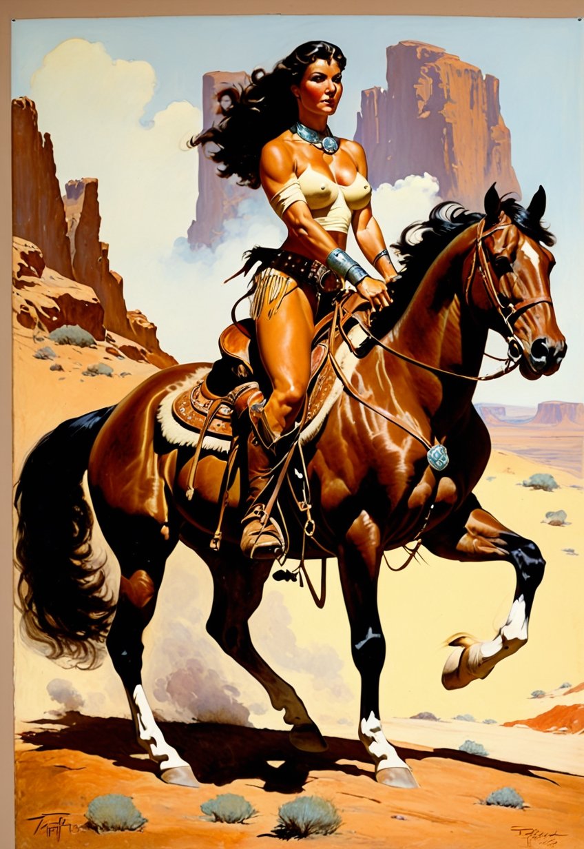 horse, ride a western lady, manner of frazetta