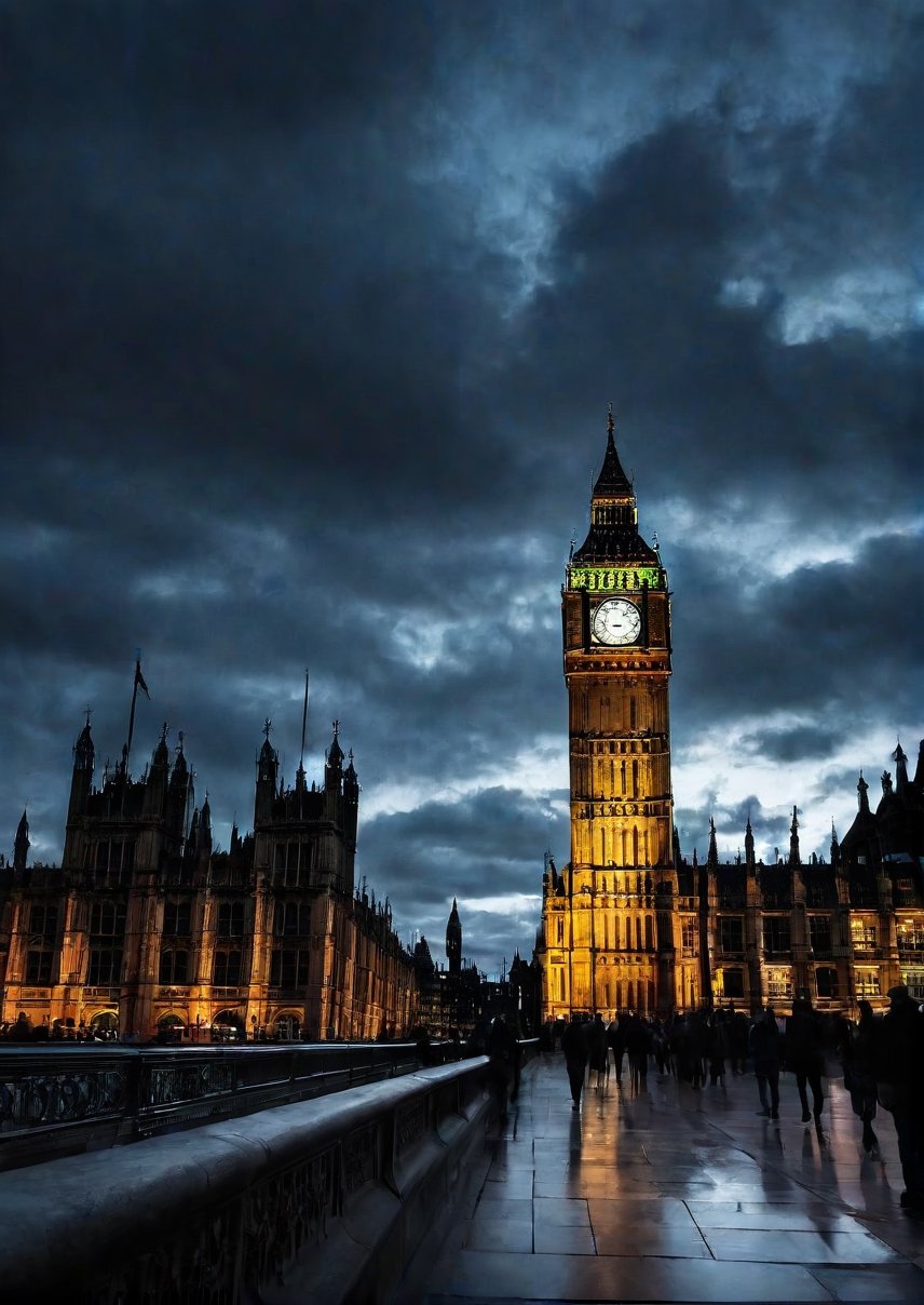 Landscape, around Big Ben clock tower in England, eerie sky, dramatic angles, realistic and detailed action movie style, surreal, masterpiece,