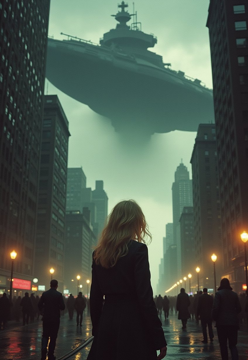 1980s, (SF movie poster: 1.3), (big title, alien invasion, subtitles: 1.3), (Britt Lind: 1.3), (Britt Lind, a beautiful blonde woman, is surprised by a huge battleship-like spaceship that appears in the sky: 1.2), New York, over Manhattan, the people are panicking, (eerie, shadows, gloomy, dark atmosphere: 1.1)