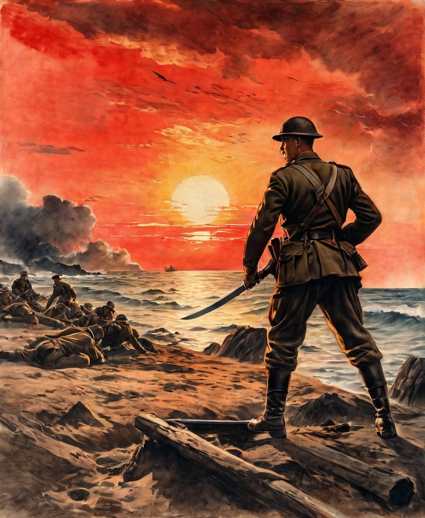 A complex action movie, an isolated island during World War II, a strong American soldier and a Japanese soldier with a sword, a view from below, a red sunset, dramatic movements, a meeting on the beach, a hostile stare, atmosphere, cinematography, photography, pencil, watercolor, bright, rich colors, Gabriele Delotto, Charles Victor Thirion, Karl Eugen Kiel, Karl Lundgren, pencil drawing