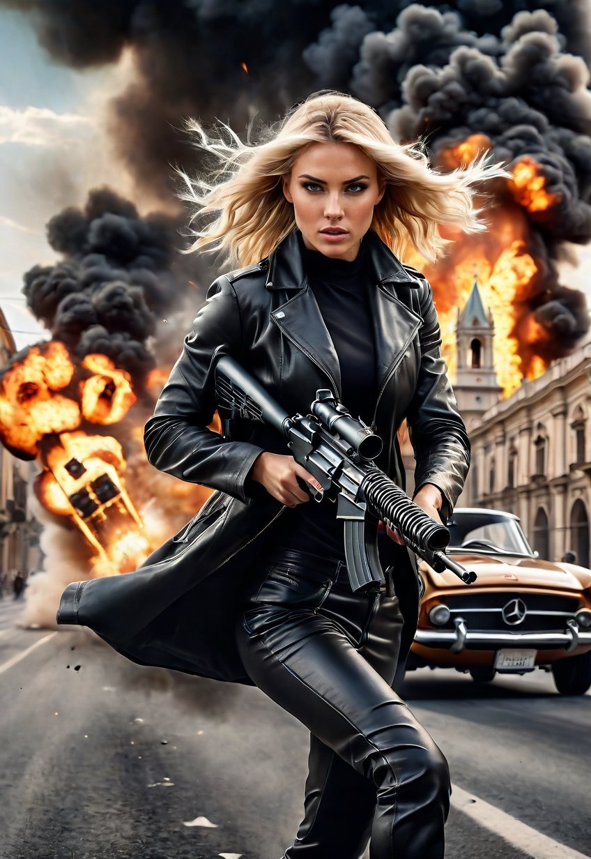 running a beautiful american blonde woman, a hand in a machine-gun, dramatic angles, realistic and detailed action movie style, Italian cathedrals, sports-Car crashes, explodes and bursts into flames on the road, eerie skies, surreal, masterpieces,