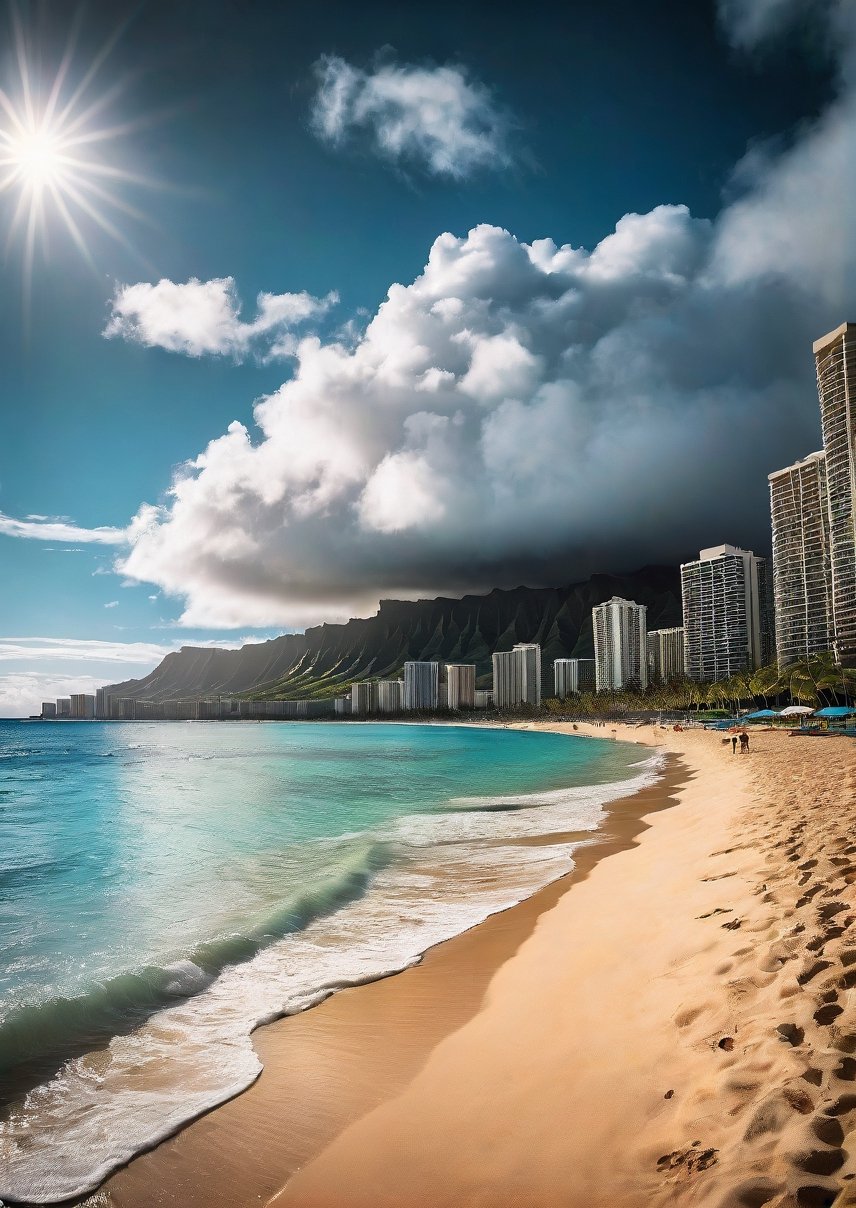 Panoramic view, Hawaii Island, Waikiki Beach, eerie sky, dramatic angle, realistic and detailed action movie style, surreal, masterpiece,