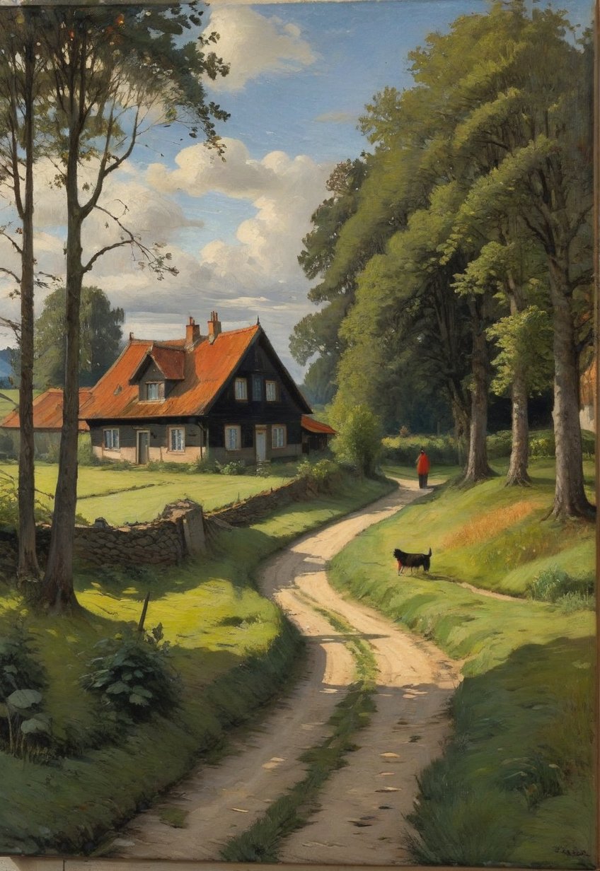 (Soft Lighting Photography), Dark environment, Black on black, Very detailed, Stunning painting in the style of Anders Zorn and Alexi Briklod, Oil on canvas, A detailed and realistic painting of a rural landscape with a dirt path leading to a quaint old house. The layout features a central path surrounded by lush trees reminiscent of early spring. The house has a tiled roof and white walls, showing signs of age and wear. (There are two figures) ,  a woman in red dress and a man in white clothes, both standing near the house. There are also cats and dogs scattered along the path, adding to the pastoral atmosphere. The sky is partly overcast with patches of blue visible here and there. The painting features the artist's signature and the words "In Hell" in the bottom right corner.