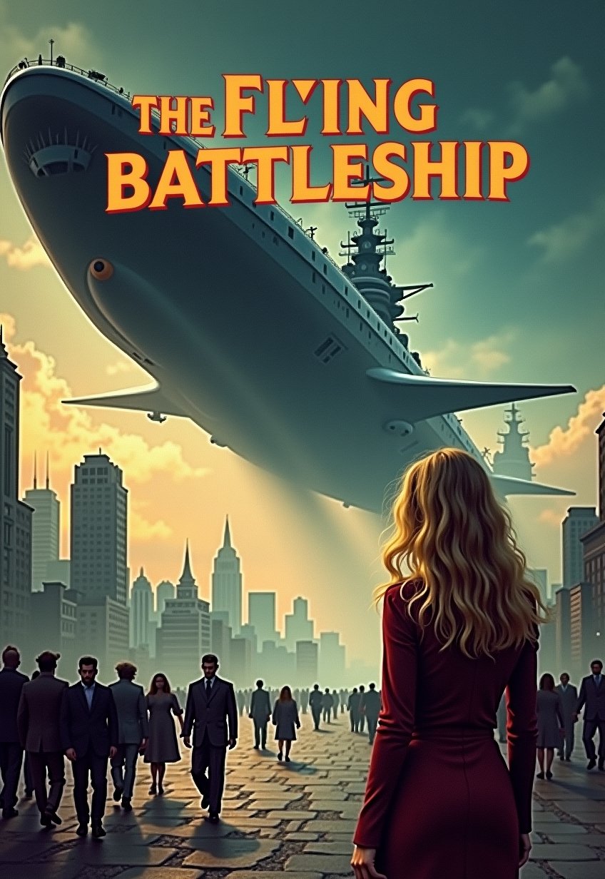   Old, Vintage: 1.2), (science fiction movie poster: 1.3), (((big title, THE FLYING BATTLESHIP, subtitles: 1.3))), (Britt Lind: 1.3), (Britt Lind, a beautiful blonde woman, is shocked when she sees a huge battleship-like spaceship appearing in the sky: 1.2), People are panicking in the skies above Manhattan, New York, (eerie, shadowy, gloomy and dark atmosphere: 1.1)