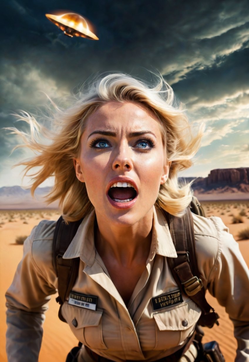 30 year old beautiful blonde British female explorer standing in the desert, eyes and mouth wide open in fear, unconscious, dramatic angles and poses, perfect female anatomy, realistic and detailed horror movie poster style, UFO in the spooky sky, masterpiece,