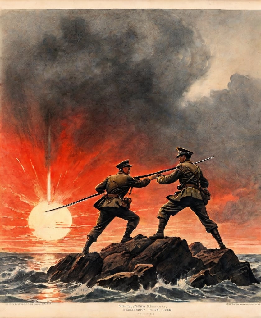 Complex action movie, two men, isolated island during World War II, American soldiers and Japanese soldiers with swords fighting face to face, bottom-to-top view, red sunset, dramatic movement. , meet on the shore, stare at each other in a hostile manner, atmosphere, cinematography, photography, pencil, watercolor, bright, rich colors, Gabriele Delotto, Charles Victor Thirion, Karl Eugen Kiel, Karl Lundgren, pencil drawing