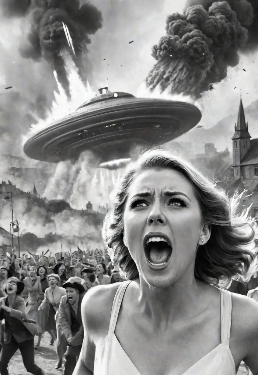 1930s, beautiful British woman screaming in fear, lots of peoples running in the background, dramatic angle, perfect female anatomy, realistic and detailed, movie style, super realistic, in front of the big UFO destroying the village to rays, city is explosion and flames, masterpiece,pencil sketch