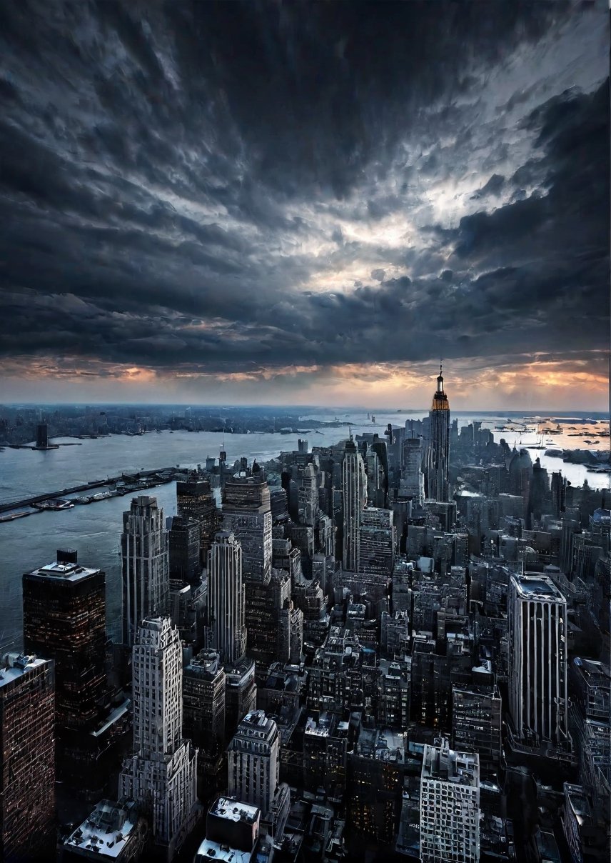 Landscapes, around Manhattan Island, USA, eerie skies, dramatic angles, realistic and detailed action movie style, surreal, masterpieces,