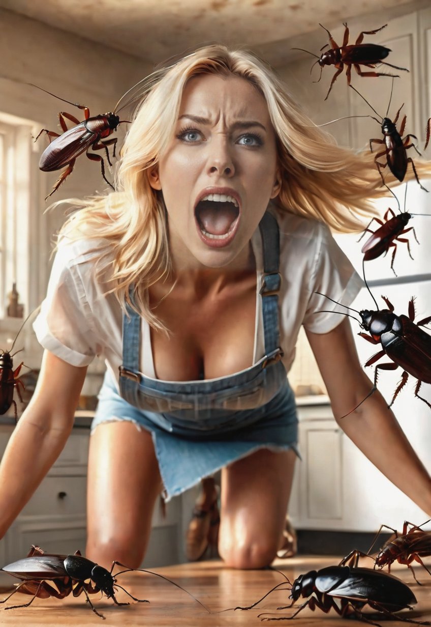 Countless cockroaches attack a beautiful blonde American woman, she screams in fear, dramatic angle and pose, perfect female anatomy, realistic and detailed, horror movie poster style, surreal, kitchen room, masterpiece,