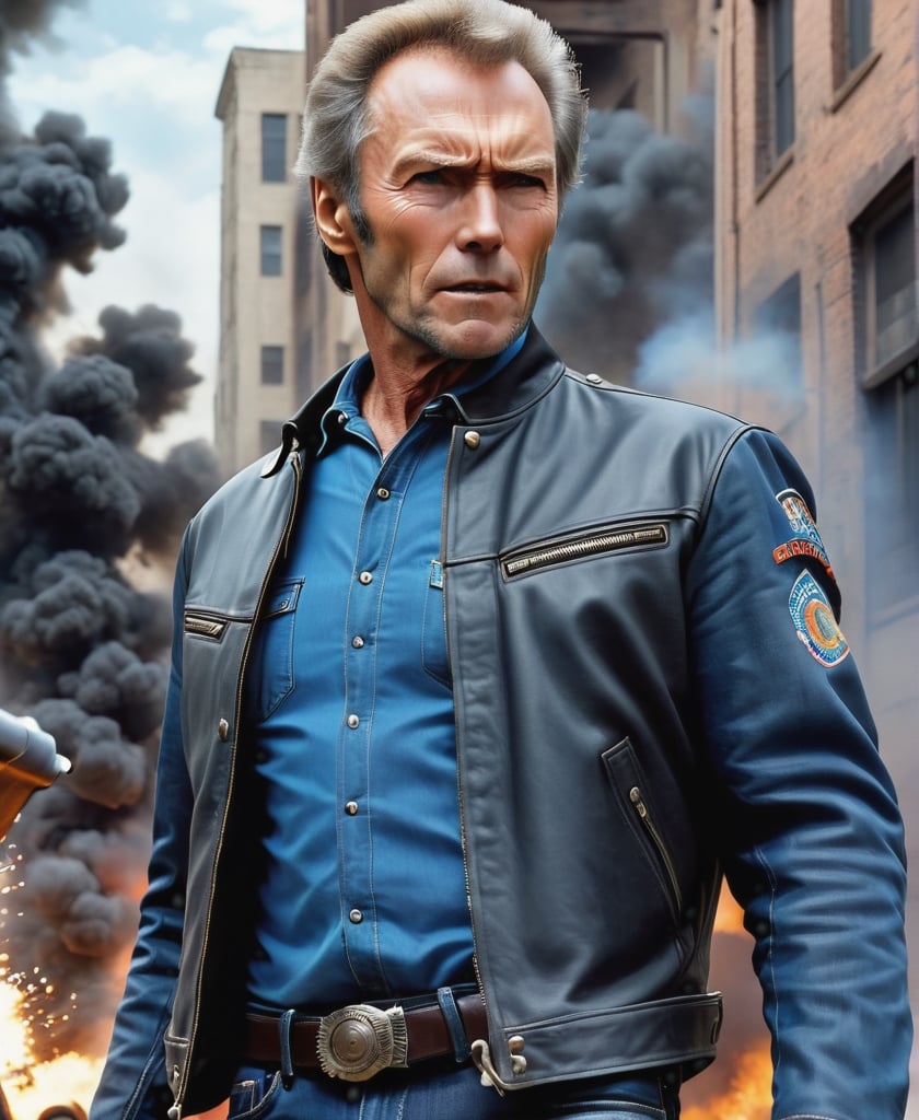 a man , Clint Eastwood, detailed faces, muscular body, black rider jacket, jeans, shotguns that fired with blue shirts, American roads, gangs, enemies are great explosions, masterpieces Ends the headquarters of the resolution. Horror movie style, dramatic angle, art inspired by Gregatokovsky, the headquarters of the most advanced trend art station headquarters. Smooth art bacteria focusing on things