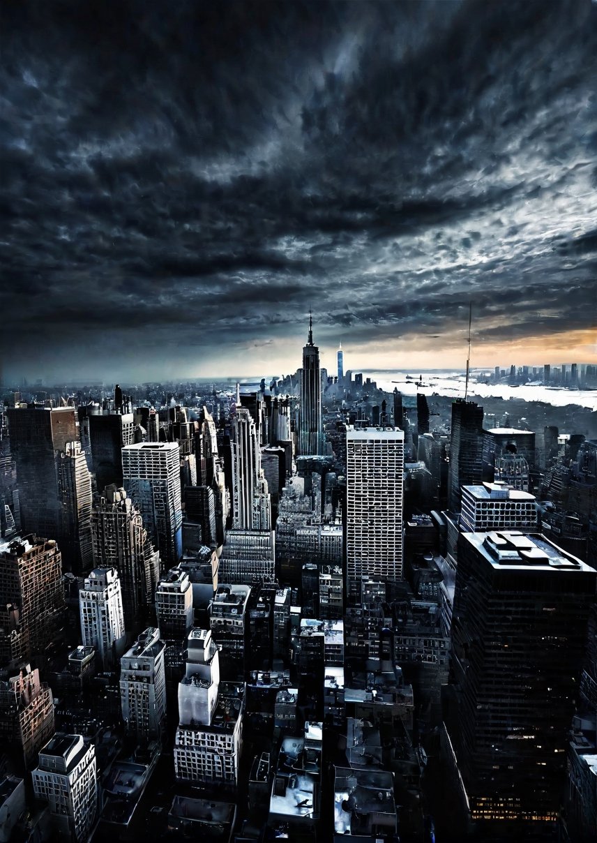 Landscapes, around Manhattan Island, USA, eerie skies, dramatic angles, realistic and detailed action movie style, surreal, masterpieces,