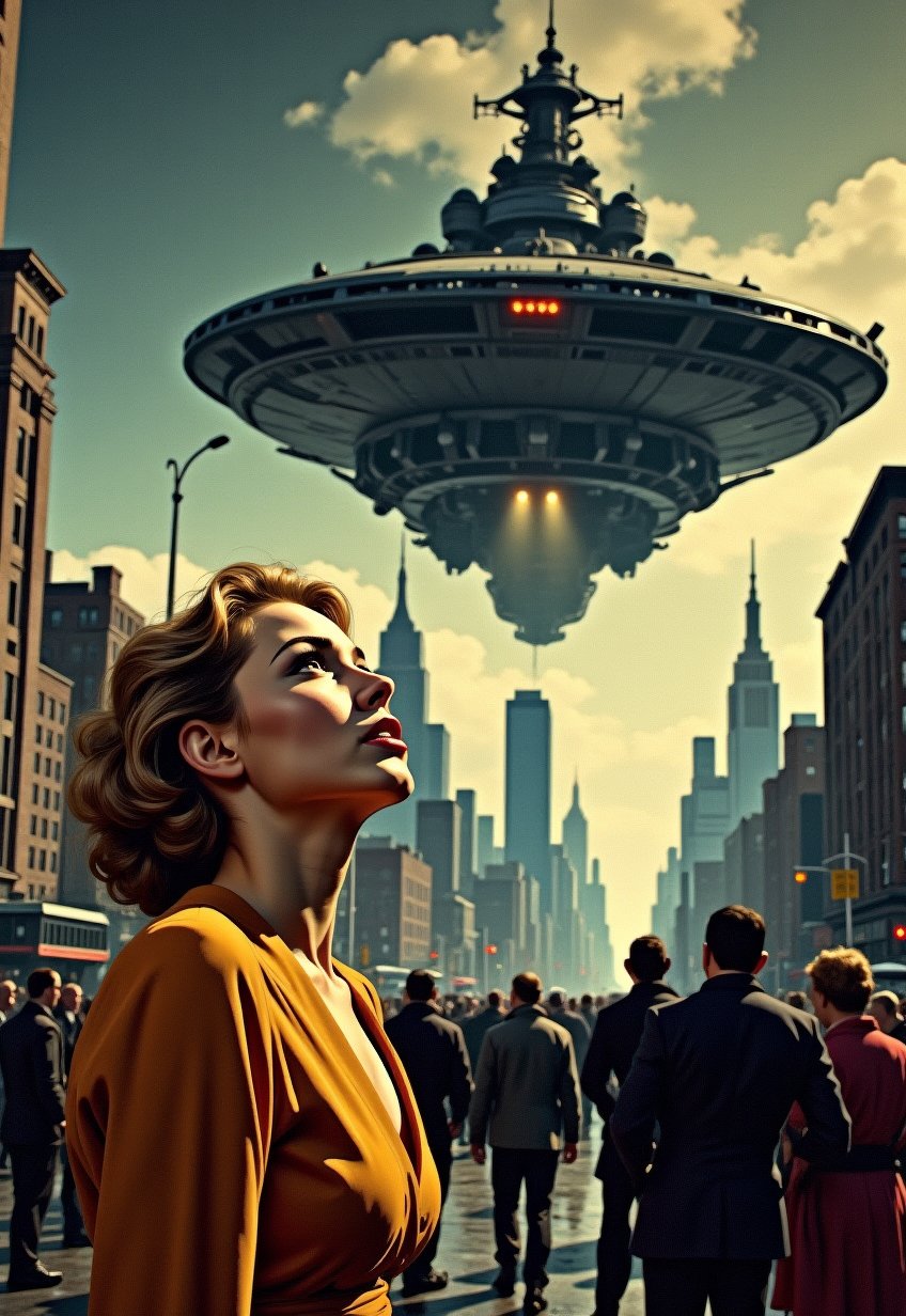   Old, Vintage: 1.2), (SF movie poster: 1.3), ((big title, THE FLYING BATTLESHIP, subtitles: 1.3)), (a beautiful blonde woman, looks up at the sky in amazement, as she is shocked by a huge spaceship that looks like a battleship that appears in the sky: 1.2), New York, over Manhattan, the people are panicking, (eerie, shadow, gloomy, dark atmosphere: 1.1)