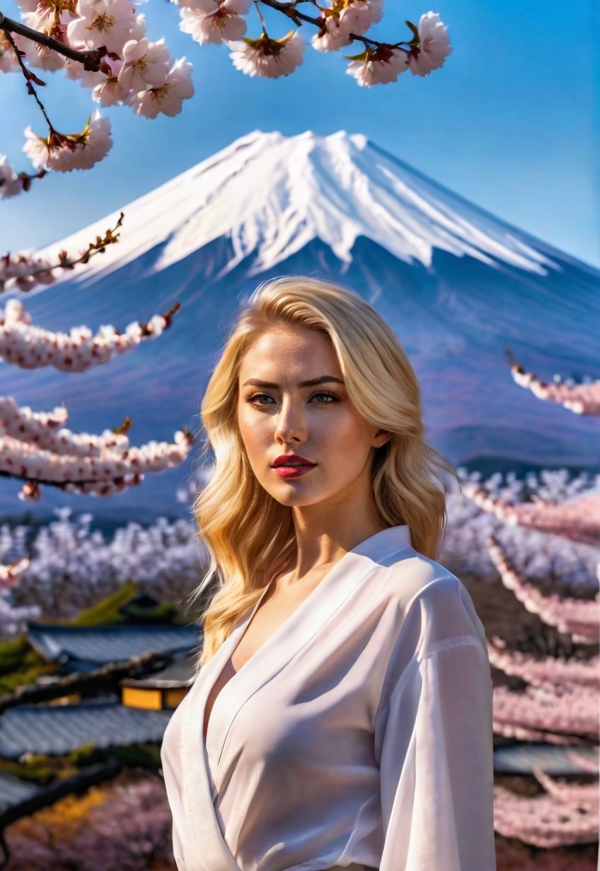 standing a beautiful american blonde woman, in front of Mt. Fuji in Japan, Cherry tree in full bloom, dramatic angle, realistic and detailed action movie style, surreal, masterpiece,