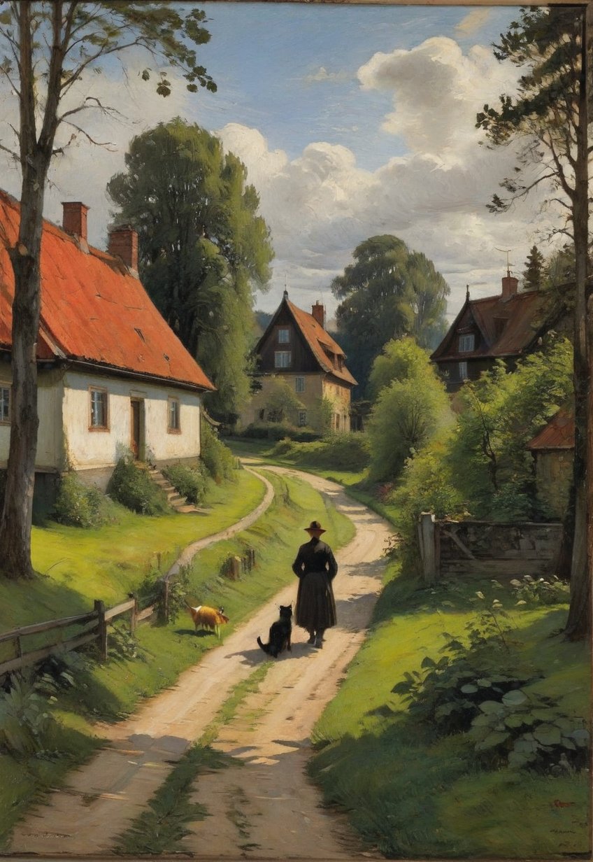 (Soft Lighting Photography), Dark environment, Black on black, Very detailed, Stunning painting in the style of Anders Zorn and Alexi Briklod, Oil on canvas, A detailed and realistic painting of a rural landscape with a dirt path leading to a quaint old house. The layout features a central path surrounded by lush trees reminiscent of early spring. The house has a tiled roof and white walls, showing signs of age and wear. (There are two figures) . A man in work clothes and a woman in a red dress, both standing near the house. There are also cats and dogs scattered along the path, adding to the pastoral atmosphere. The sky is partly overcast with patches of blue visible here and there. The painting features the artist's signature and the words "In Hell" in the bottom right corner.