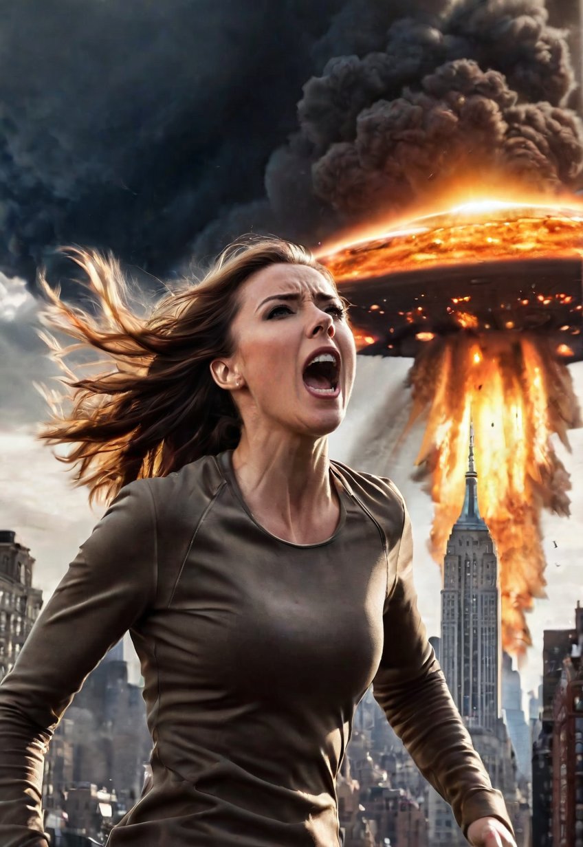 beautiful British woman screaming in fear, lots of peoples running in the background, dramatic angle, perfect female anatomy, realistic and detailed, movie style, super realistic, in front of the big UFO attacking the Manhattan city to rays, city on big fire, masterpiece, fighter plane in the spooky sky