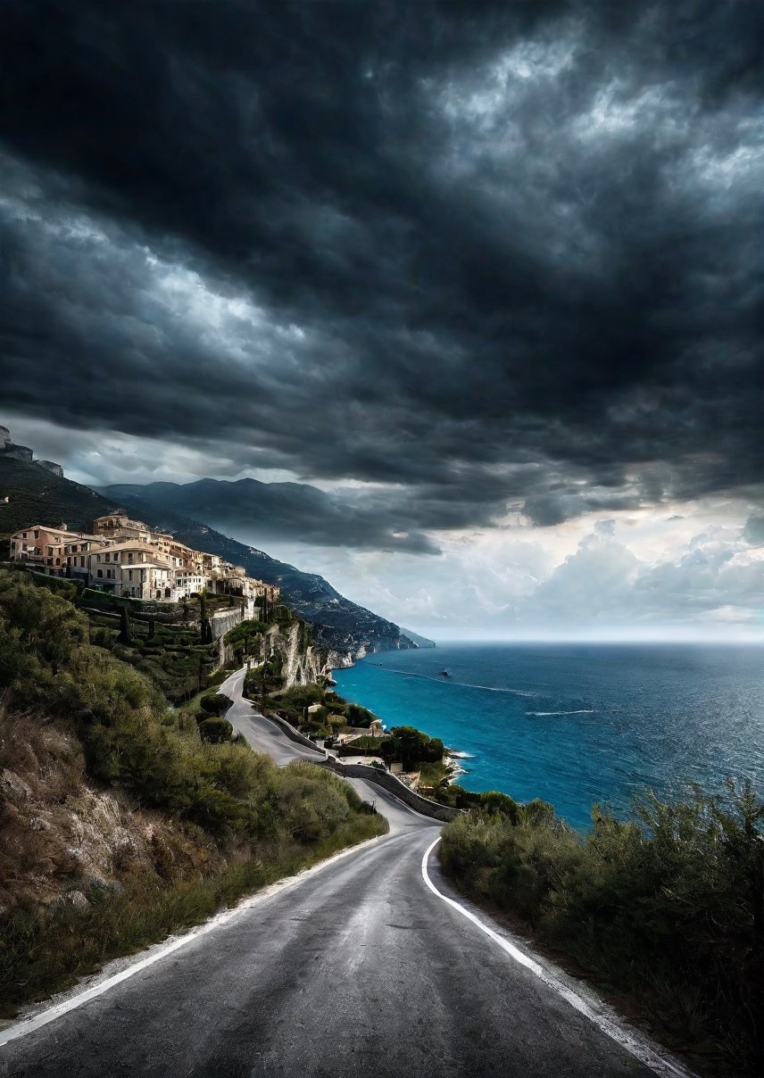 Landscapes, Italian coast roads, eerie skies, dramatic angles, realistic and detailed action movie style, surreal, masterpieces,