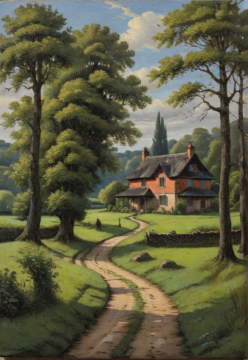 (Soft Lighting Photography), Dark Environment, Black on Black, Very Detailed, Stunning Painting, Oil on Canvas, A detailed and realistic painting of a rural landscape with a dirt path leading to a quaint old house. The layout features a central path surrounded by lush trees reminiscent of early spring. The house has a tiled roof and white walls, showing signs of age and wear. (There are two figures), A woman in a red dress and a man in white are conversing on the path, creating a rural atmosphere. The sky is partly overcast with patches of blue visible here and there.