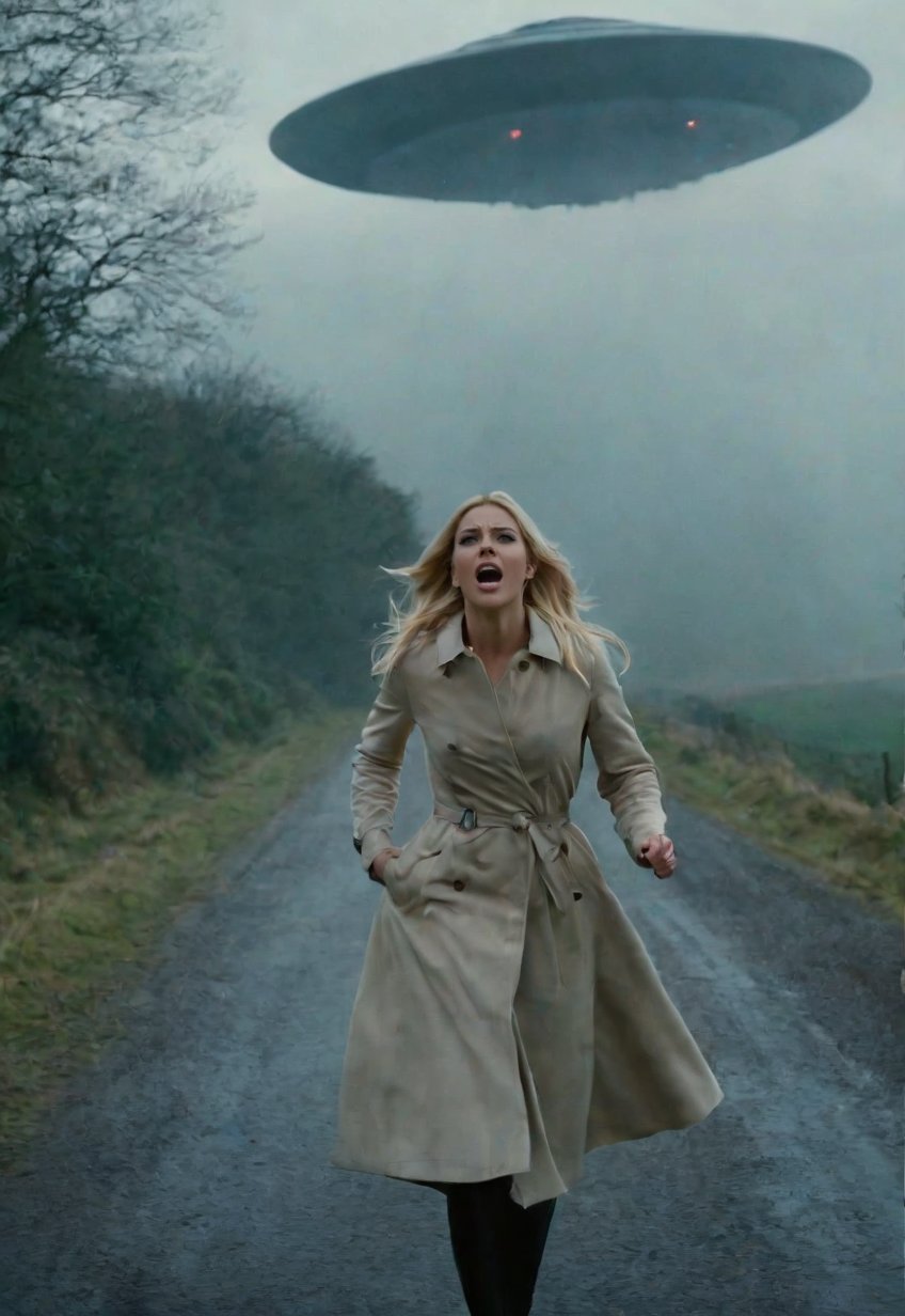 complex horror movie. a beautiful, slender, blonde, 26 year old British woman encounters a giant UFO and screams in terror, eyes wide open. ((spooky, misty English country road, waist-high close-up of a frightened, frantic screaming woman in the foreground at the bottom of the frame, a large UFO looming over her in the sky in the background.), dramatic movement, atmosphere, cinematography, photography, pencil, watercolor, bright, rich colors, Gabriele Dello, Charles Victor Tillion, Karl Eugen Kiel, Carl Lundgren, pencil drawing,MoviePosterAF