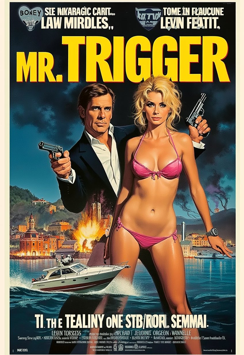 (Spy action movie poster: 1.3), (Big title, Mr. Trigger appears out of nowhere, subtitles: 1.3), (Glenn Carter: 1.3), (Cool British spy agent saves sexy blonde bikini lady and escapes from bombed out terrorist fortress by boat: 1.2), (Gorgeous, acrobatic, exhilarating action: 1.1)