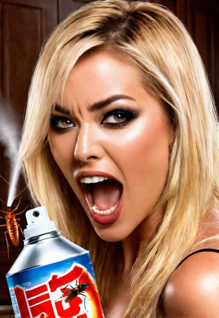 too many Japanes Cockroaches attack a beautiful blonde American woman, she screams in fear as she holds up a can of insecticide spray, dramatic angle and pose, perfect female anatomy, realistic and detailed, horror movie poster style, surreal, spooky kitchen room, masterpiece,low-key,dark,Movie Poster,pencil sketch,detailed skin