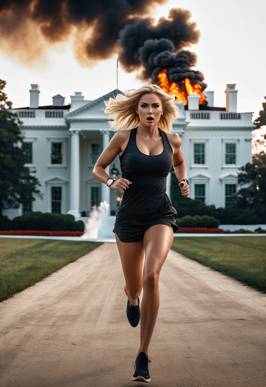 Beautiful american blonde woman running, machine gun in hand, in front of the burning American White House presidential residence, eerie sky, dramatic angle, realistic and detailed horror movie style, surreal, masterpiece,