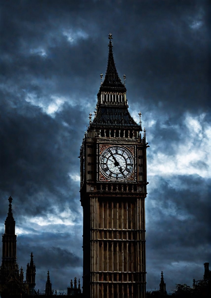 Landscape, Big-Ben clock tower in England, eerie sky, dramatic angles, realistic and detailed action movie style, surreal, masterpiece,