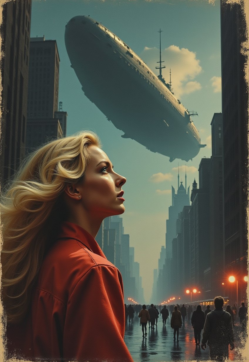   Old, Vintage: 1.2), (SF movie poster: 1.3), (big title, THE FLYING BATTLESHIP, subtitles: 1.3), (Britt Lind: 1.3), (Britt Lind, a beautiful blonde woman, looks up at the sky in amazement, as she is shocked by a huge spaceship that looks like a battleship that appears in the sky: 1.2), New York, over Manhattan, the people are panicking, (eerie, shadow, gloomy, dark atmosphere: 1.1)