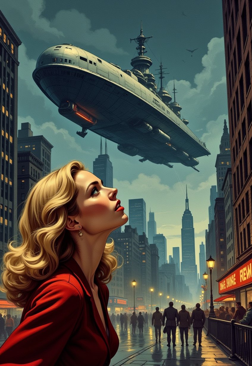   Old, Vintage: 1.2), (SF movie poster: 1.3), ((big title, THE FLYING BATTLESHIP, subtitles: 1.3)), (a beautiful blonde woman, looks up at the sky in amazement, as she is shocked by a huge spaceship that looks like a battleship that appears in the sky: 1.2), New York, over Manhattan, the people are panicking, (eerie, shadow, gloomy, dark atmosphere: 1.1)