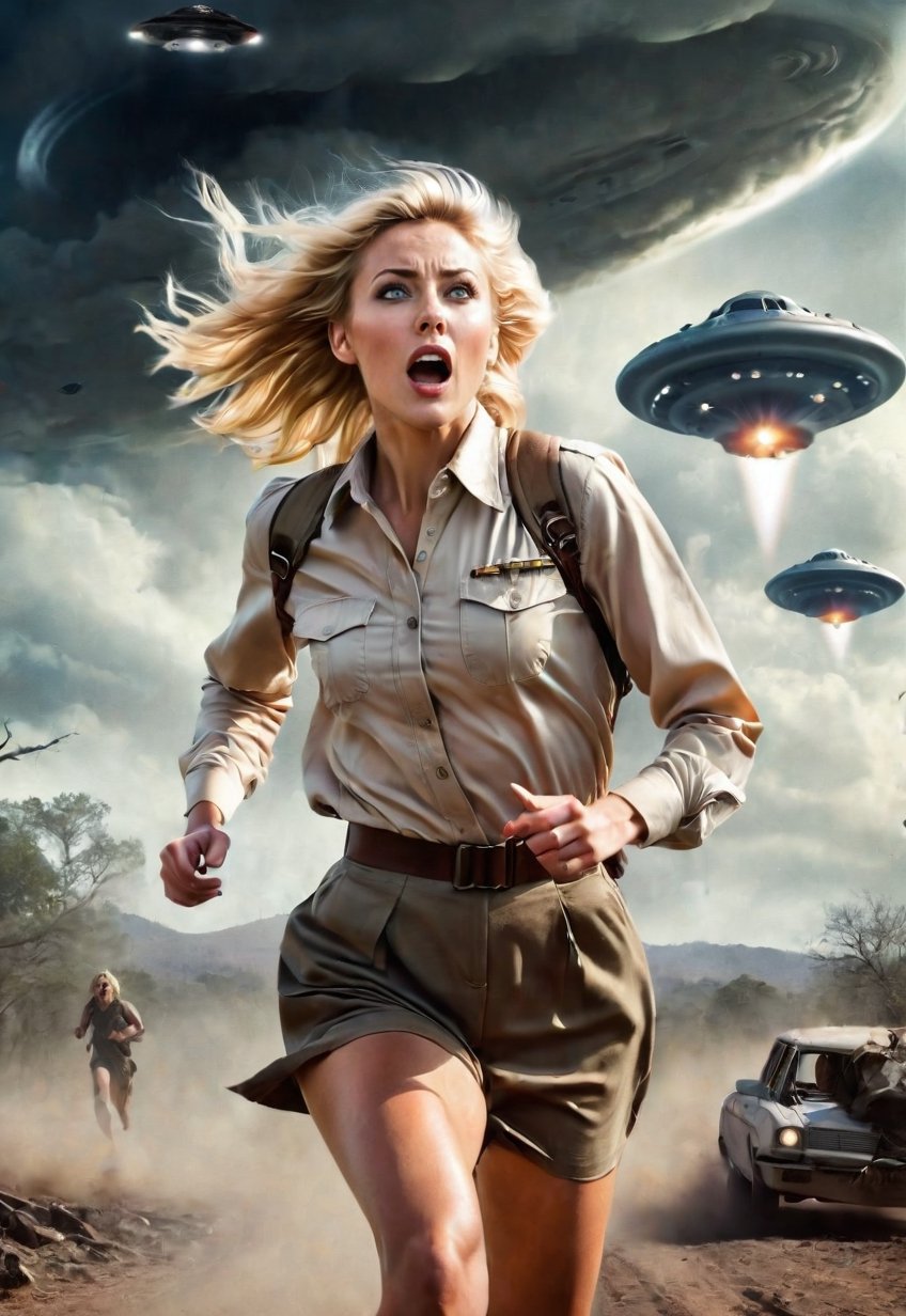 30 year old beautiful blonde British female explorer running away from being chased by a UFO, eyes and mouth wide open in fear, unconscious, clothes in tatters, mostly naked, dramatic angles and poses, perfect Female Anatomy, Realistic and Detailed Horror Movie Poster Style, UFO in the Spooky Sky, Masterpiece,